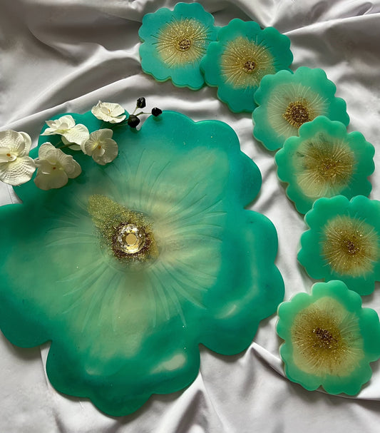Emerald Bloom Tray & Casters Set